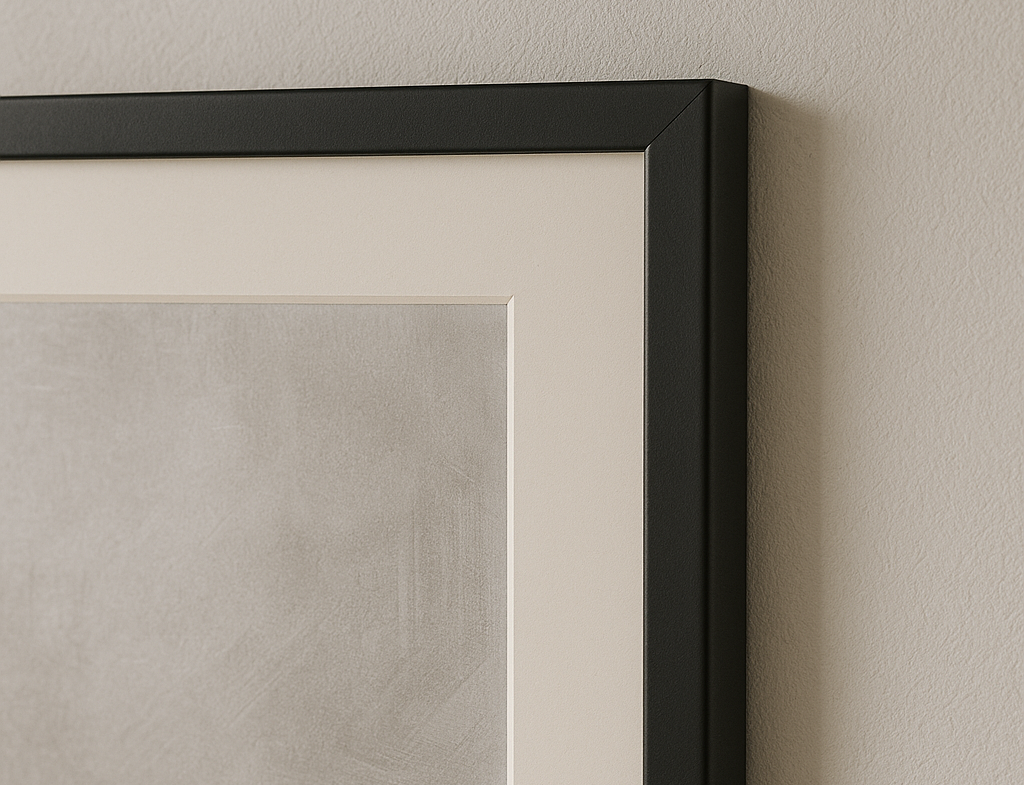 A close-up of the top-left corner of a black A2 frame with white matboard, showing crisp joinery and clean edge detail against a textured grey wall.
