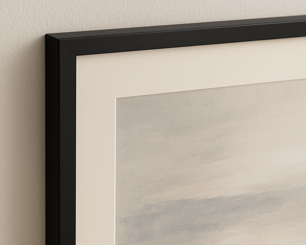 A horizontal angled view of a black A2 frame with matboard on an off-white wall, focusing on the frame’s depth and sharp profile with abstract artwork partially visible.