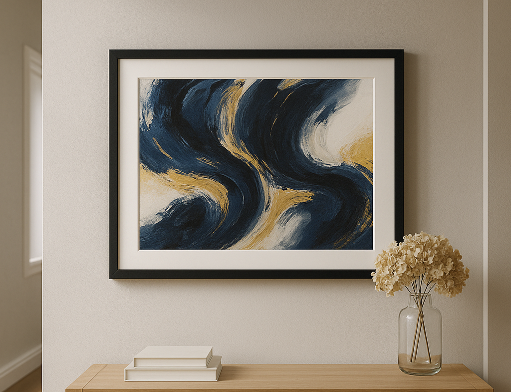 A black A2 frame with matboard featuring a navy and gold abstract artwork, positioned above a wooden console table with books and dried flowers in a modern hallway.