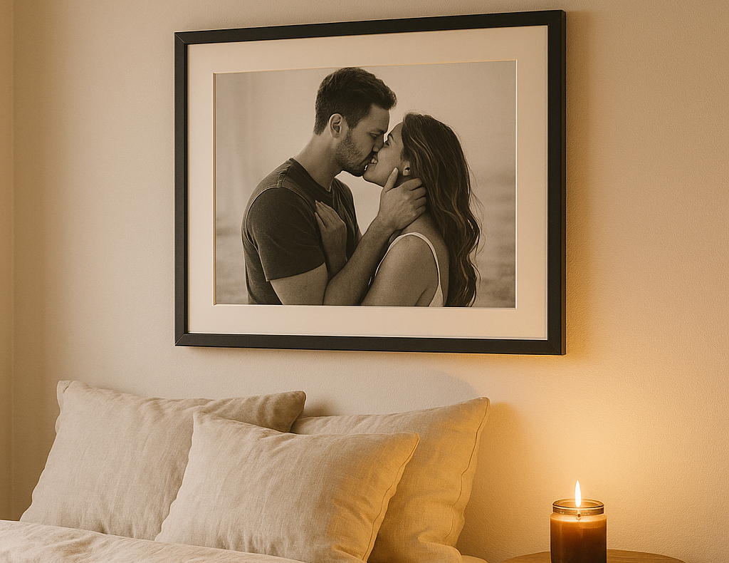 A black A2 frame with matboard holding a romantic black and white photo of a couple, mounted above a beige linen bed beside a wooden table with a lit candle in a softly lit bedroom.