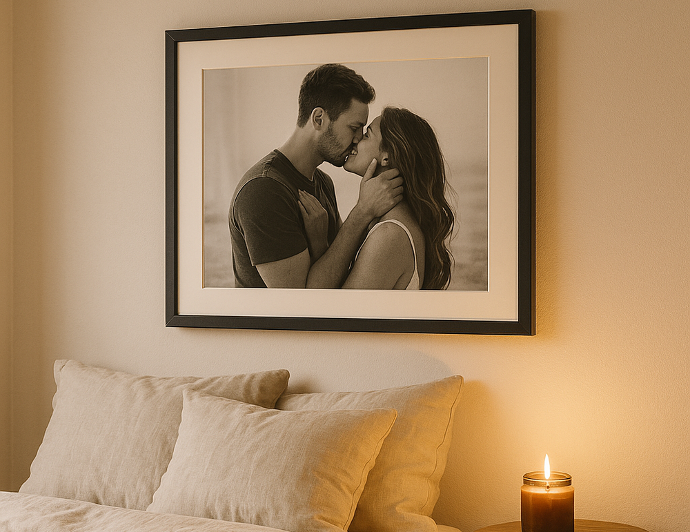 A black A2 frame with matboard holding a romantic black and white photo of a couple, mounted above a beige linen bed beside a wooden table with a lit candle in a softly lit bedroom.