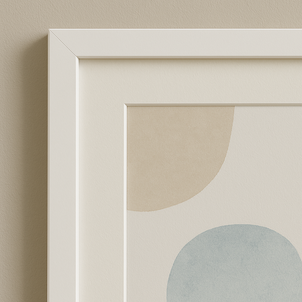 Close-up of A2 white picture frame corner showing 20mm sharp moulding and off-white matboard with abstract art