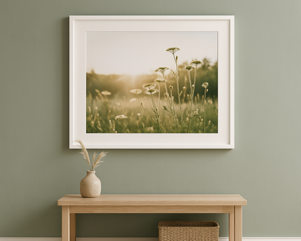 A2 white frame with off-white matboard and floral nature print on sage green hallway wall above console