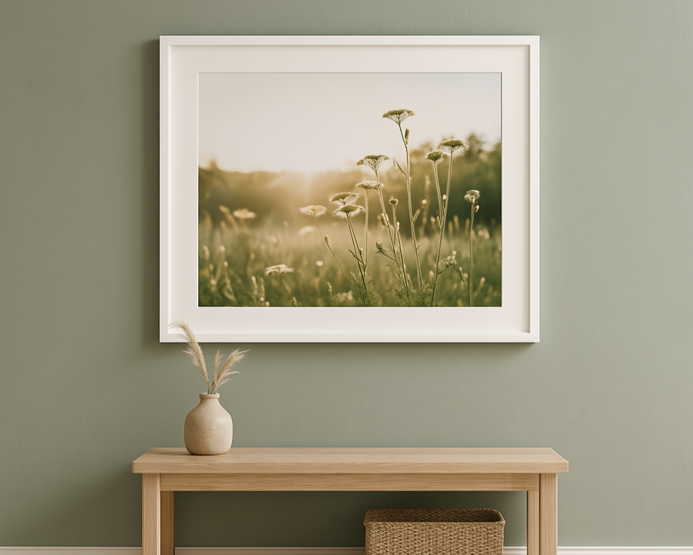 A2 white frame with off-white matboard and floral nature print on sage green hallway wall above console