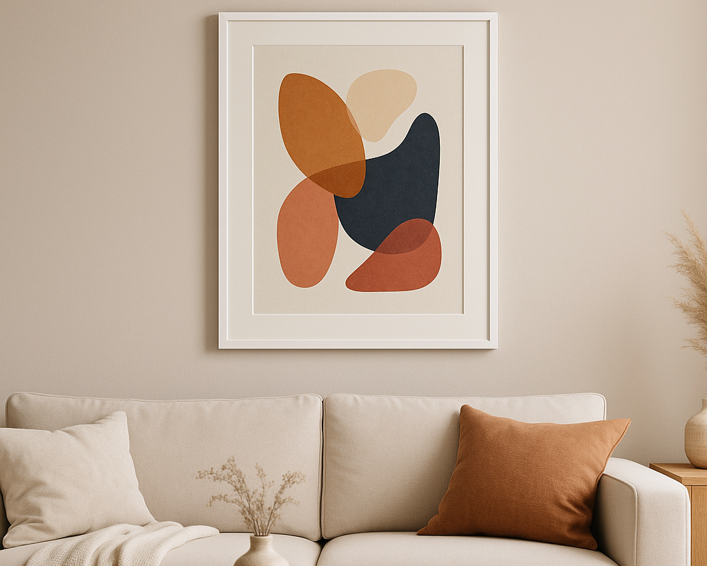 A2 white frame with off-white matboard and abstract art above beige sofa in Scandinavian living room