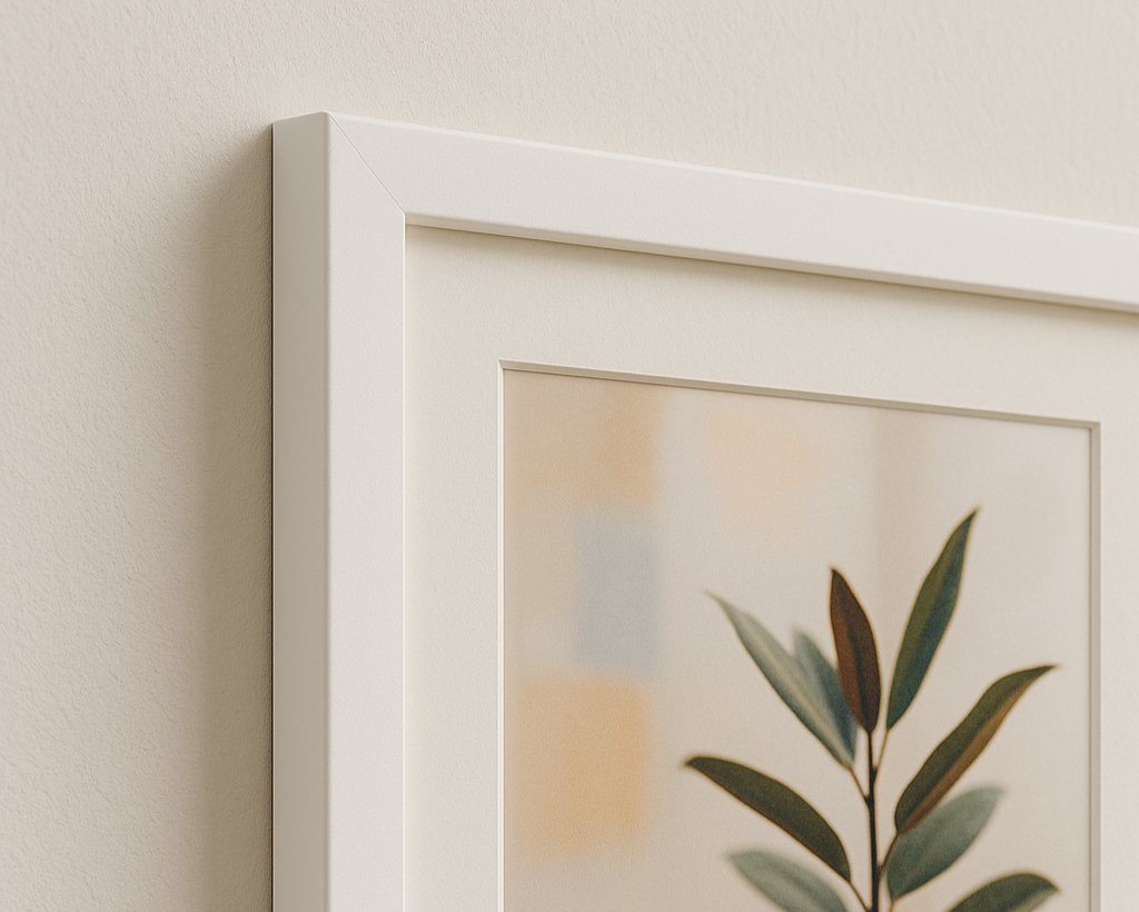 Angled side view of A2 white frame with matboard showing frame depth and leaf print, mounted on warm wall