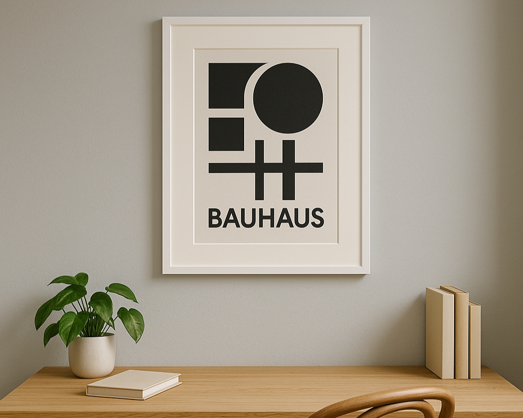 A2 white frame with matboard and black-and-white Bauhaus poster above minimalist desk in home office