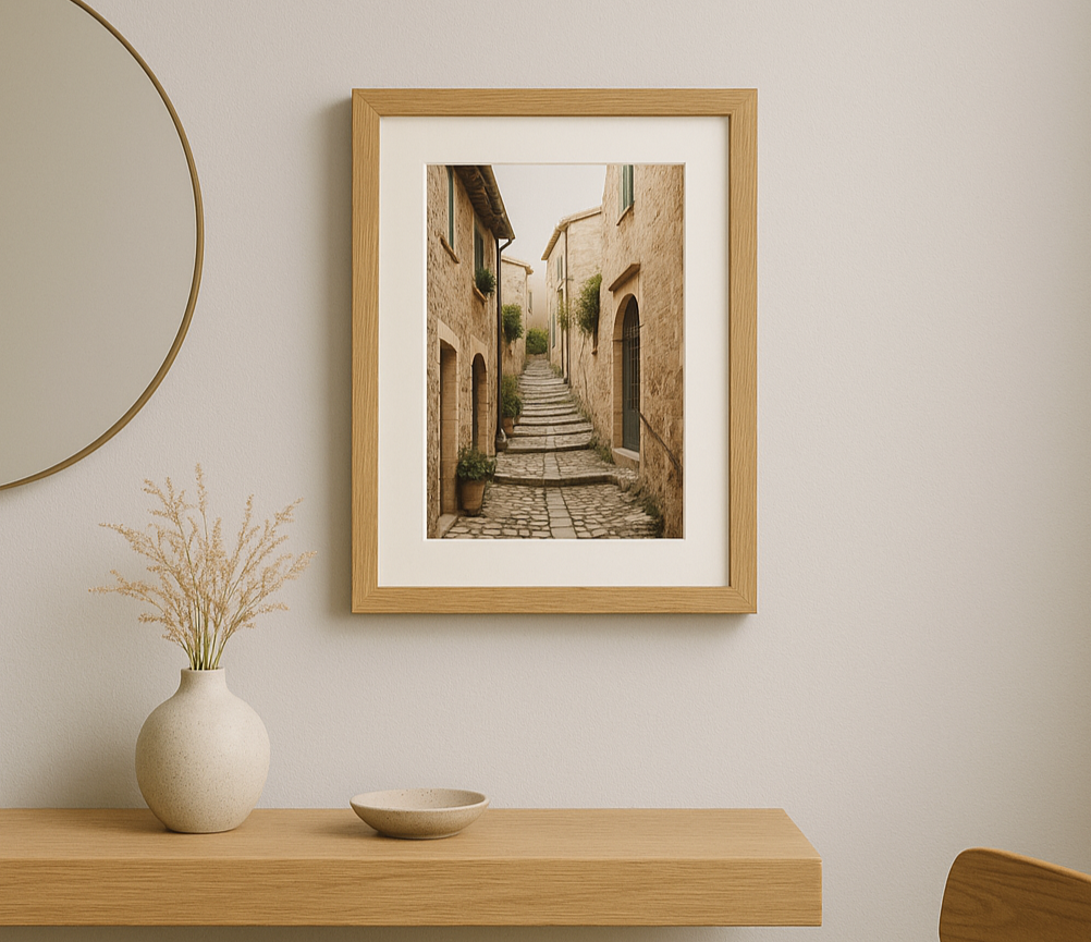 A3 premium oak frame with matboard featuring a rustic European alleyway photo, mounted above a floating oak console in a modern hallway with round mirror and dried florals.