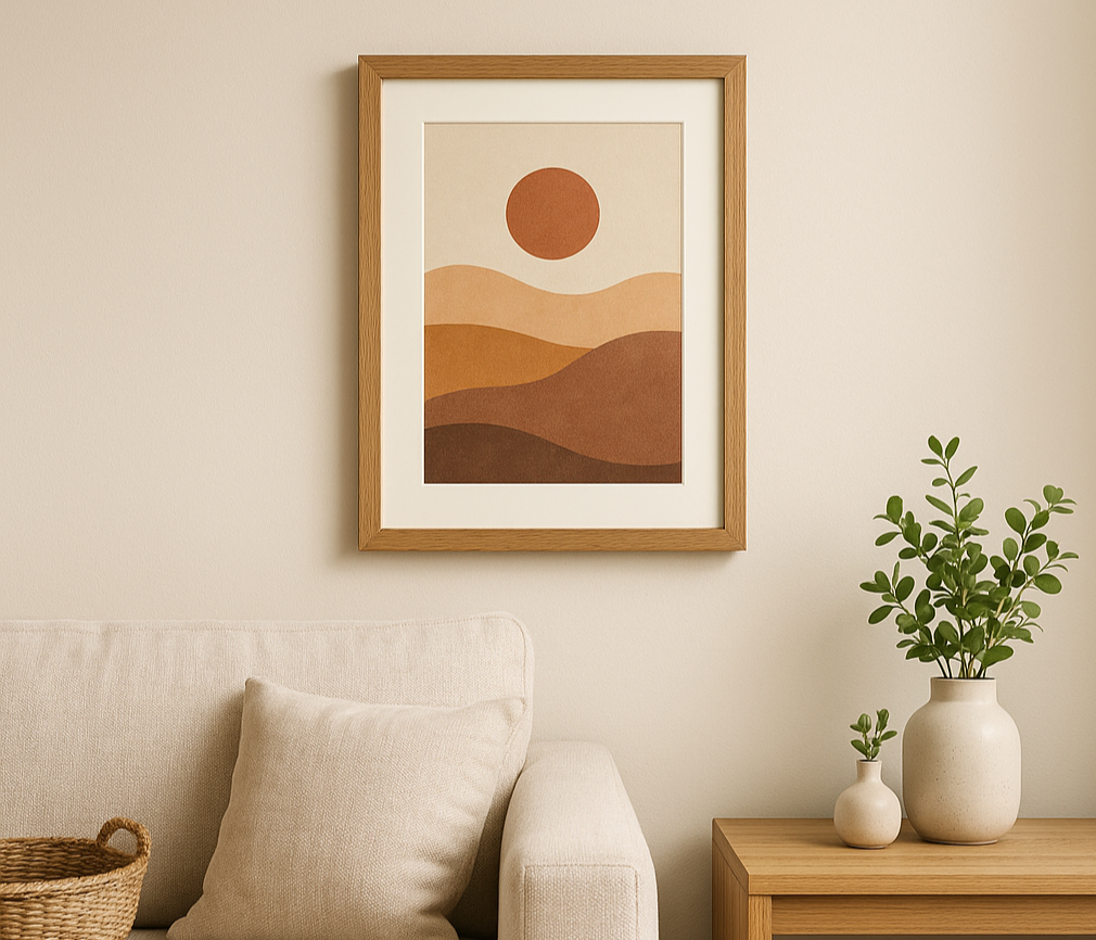 A3 premium oak frame with matboard featuring a warm abstract sun and hills print, mounted in a living room corner above a side table and beside a beige sofa with woven basket.